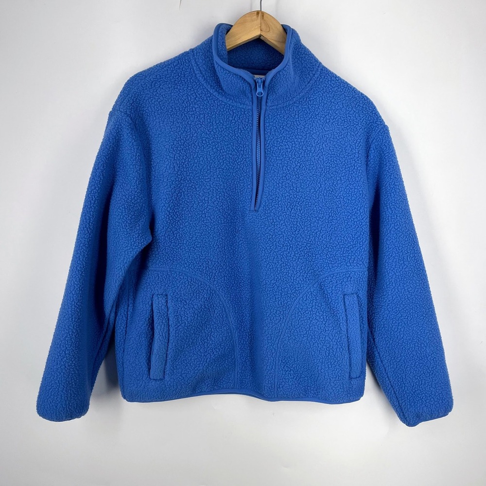 Lands End Womens Sherpa Fleece Quarter Zip Pullover Royal Blue Relaxed Fit L
